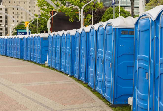 a row of portable restrooms ready for eventgoers in Chesapeake